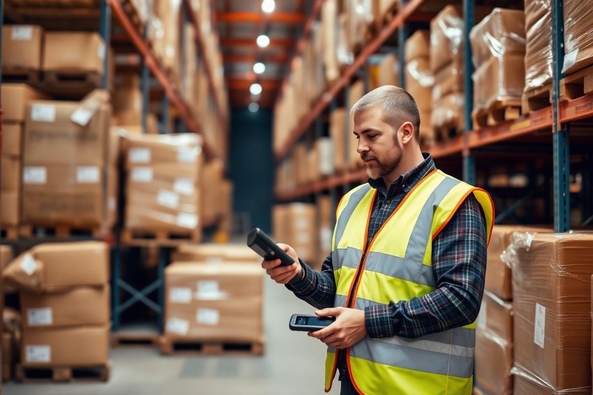 Warehouse operative scanning palletised stock in a distribution centre