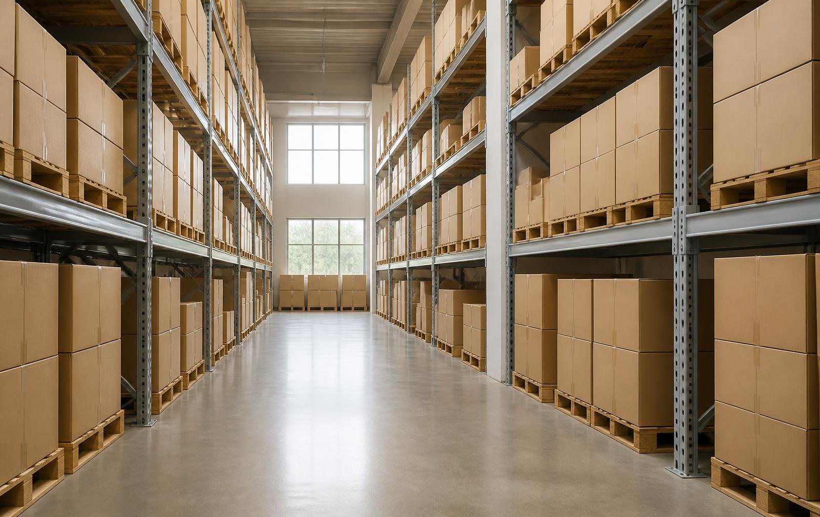 Aisle of a UK wholesale distribution warehouse with palletised stock